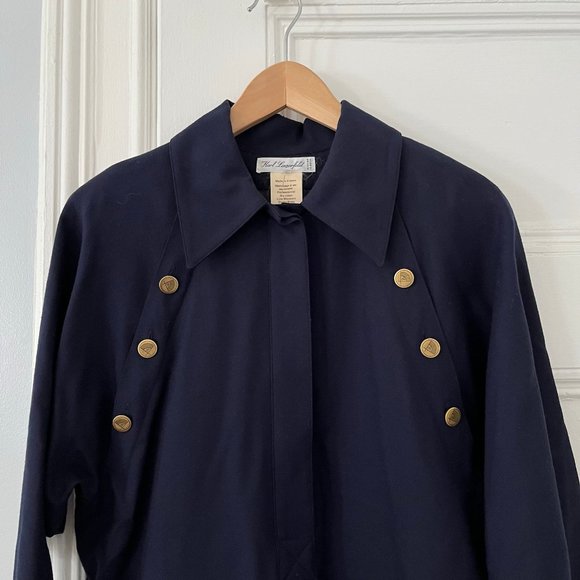 Vintage 1990s Karl Lagerfeld Collection Navy Wool Midi Shirtdress Women Size 42 - Picture 3 of 14